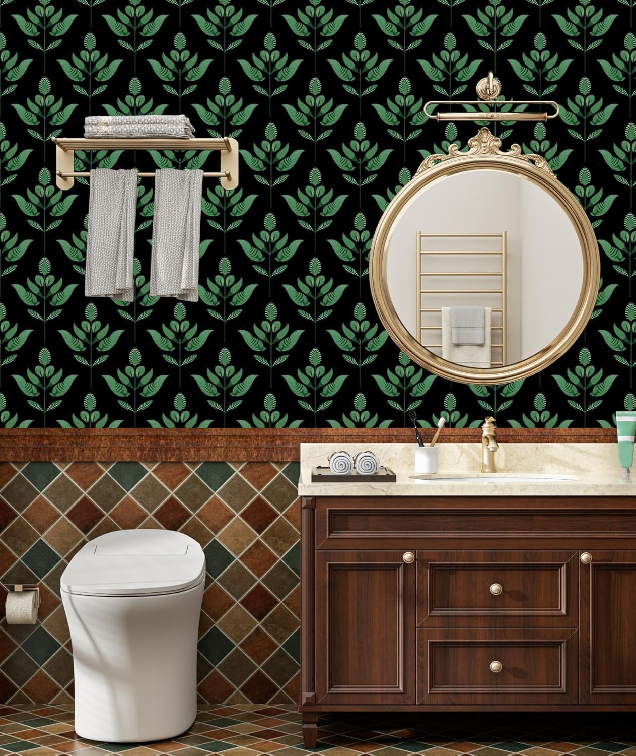 BOKEBEVE Leaves Contact Paper Floral Wallpaper Stick and Peel Boho Damask Wall Paper for Liner Drawer Cabinet Backsplash Renter Friendly Waterproof 17.5 x 118In