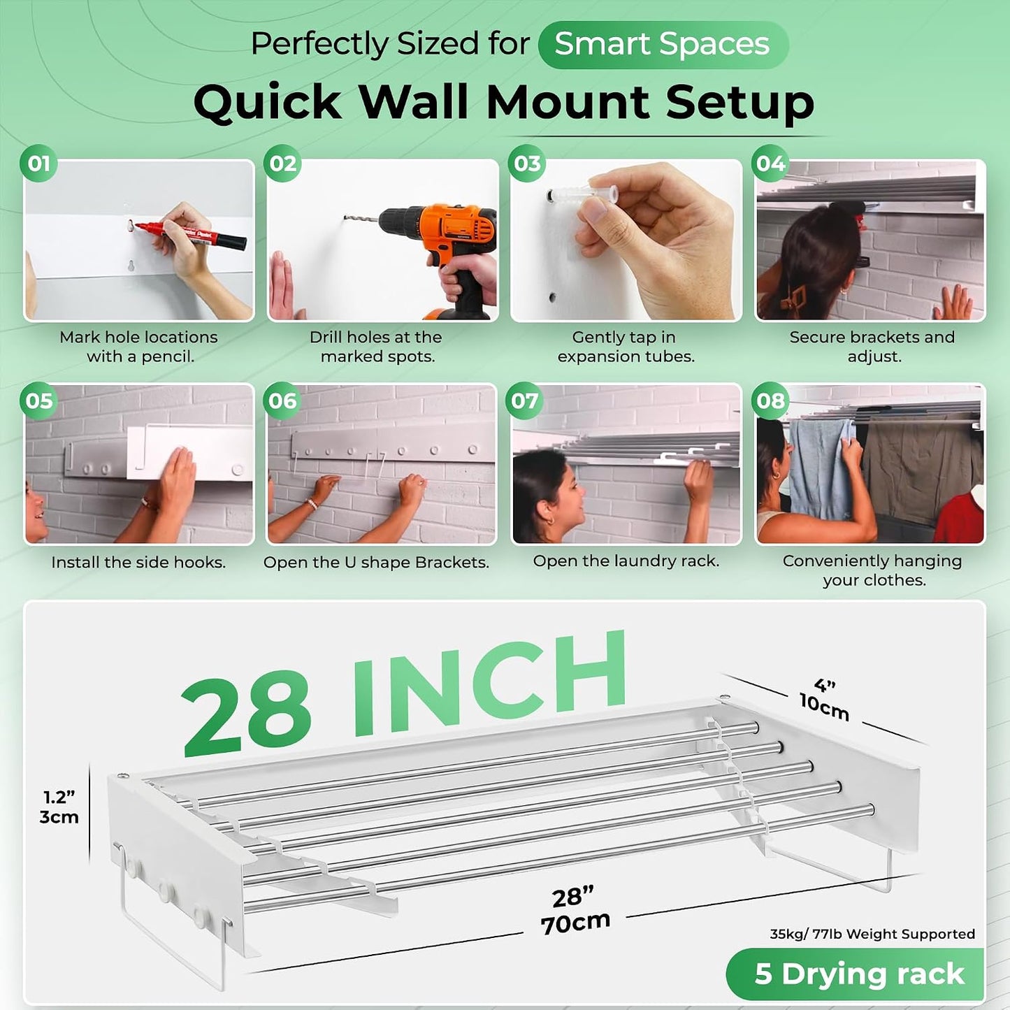 Wall Mount Clothes Drying Rack 28", Heavy Duty Foldable Design, Space Saving Laundry Solution For Small Spaces, Apartments & Homes, Wall Mounted Drying Racks For Laundry, Clothing Rack Wall Mount