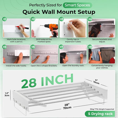 Wall Mount Clothes Drying Rack 28", Heavy Duty Foldable Design, Space Saving Laundry Solution For Small Spaces, Apartments & Homes, Wall Mounted Drying Racks For Laundry, Clothing Rack Wall Mount