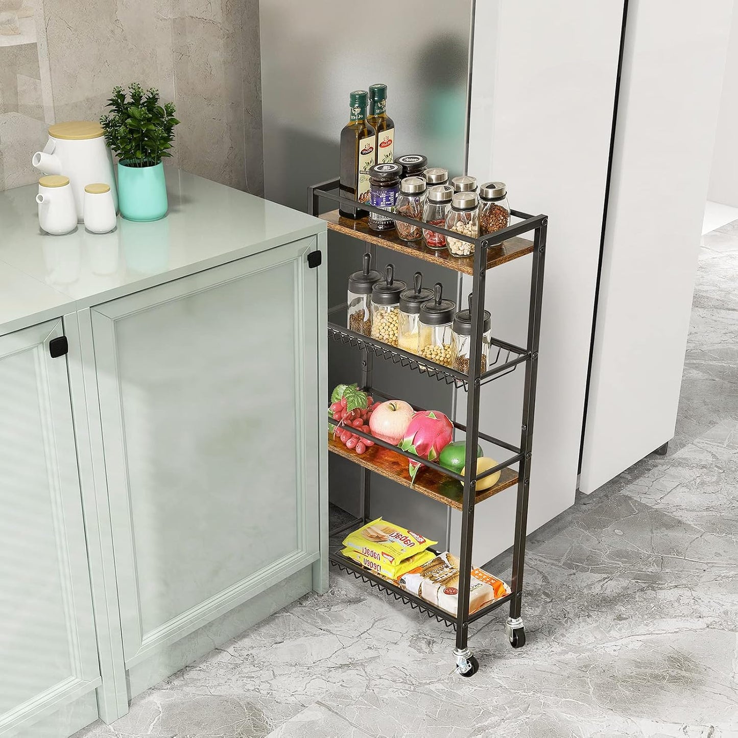 YMYNY Kitchen Storage Rolling Cart 4 Tier on Wheels Rustic Brown HBR002H | for Narrow Spaces, Laundry Room, Dining Room, Bathroom, 32.7" H Shelving Unit with Mesh Baskets