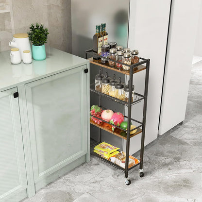 YMYNY Kitchen Storage Rolling Cart 4 Tier on Wheels Rustic Brown HBR002H | for Narrow Spaces, Laundry Room, Dining Room, Bathroom, 32.7" H Shelving Unit with Mesh Baskets
