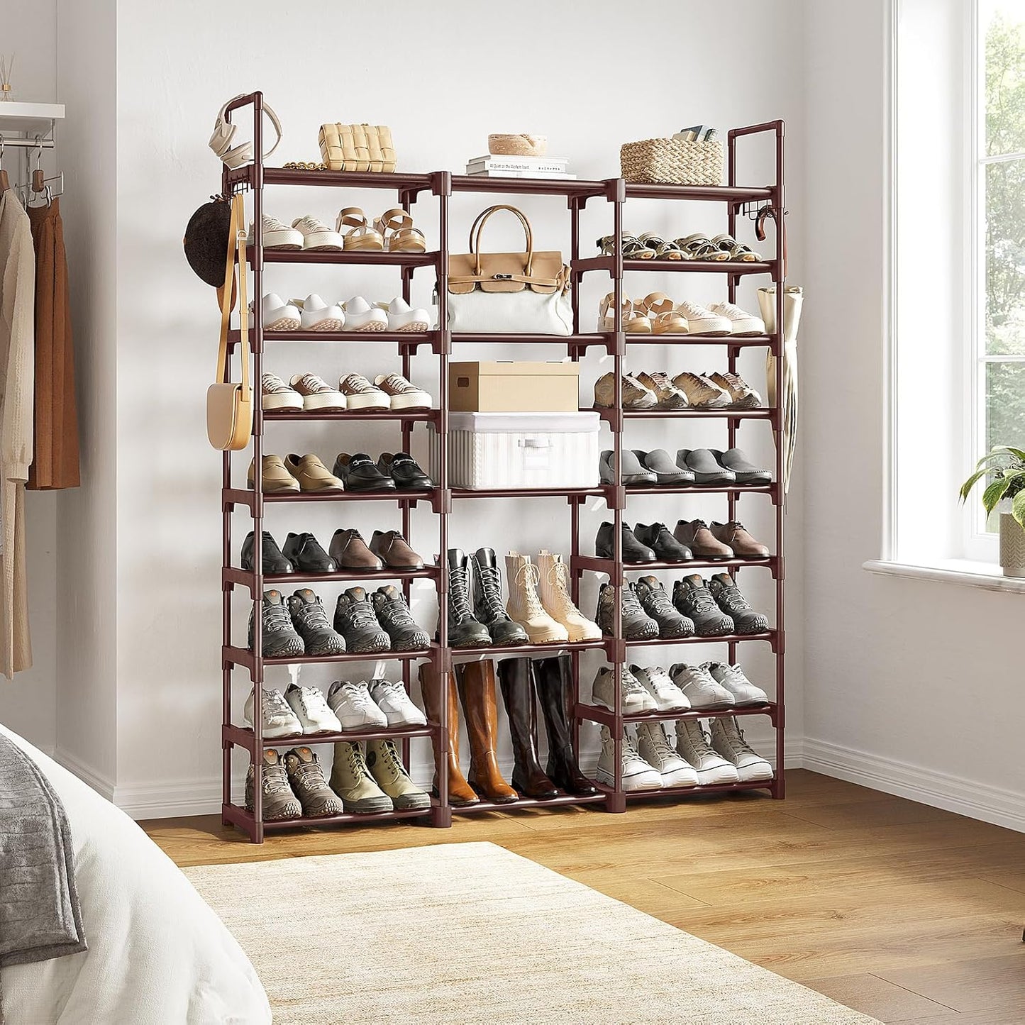 WOWLIVE 9 Tiers Large Shoe Rack Storage Organizer for Closet 50-55 Pairs Shoe Tower Unit Shelf Stackable Shoe Rack with Metal Pipes Plastic Connectors Black(SSS3B9)
