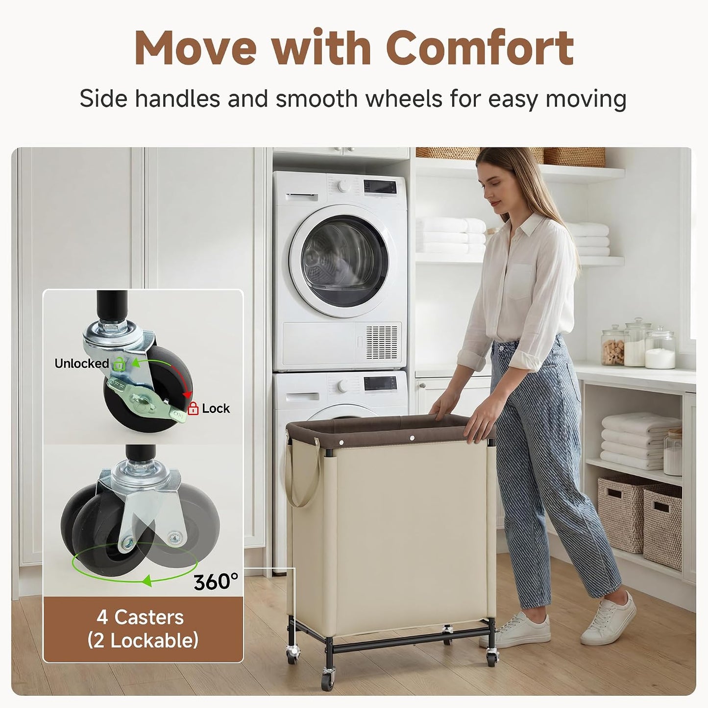 StorageWorks 3 Section Laundry Hamper, Rolling Laundry Cart with Wheels and Handles, Laundry Room Double Sorter for Organizer and Storage, 31.7 Gal(120L), Beige
