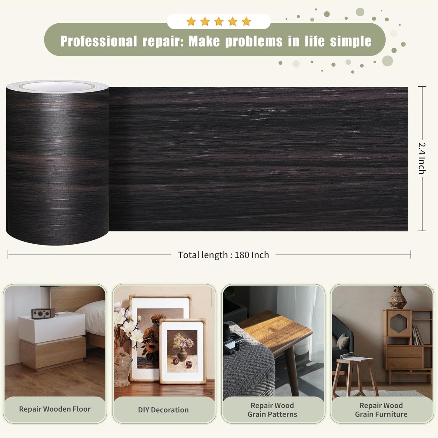 Besezx Wood Grain Repair Tape, 2.4" X15', Self Adhesive Wood Grain Repair Patch for Tables, Chairs, Baseboards, Doors, Windows, Floors, All Kinds of Furniture Renovation, Handicraft DIY. (Natural oak)