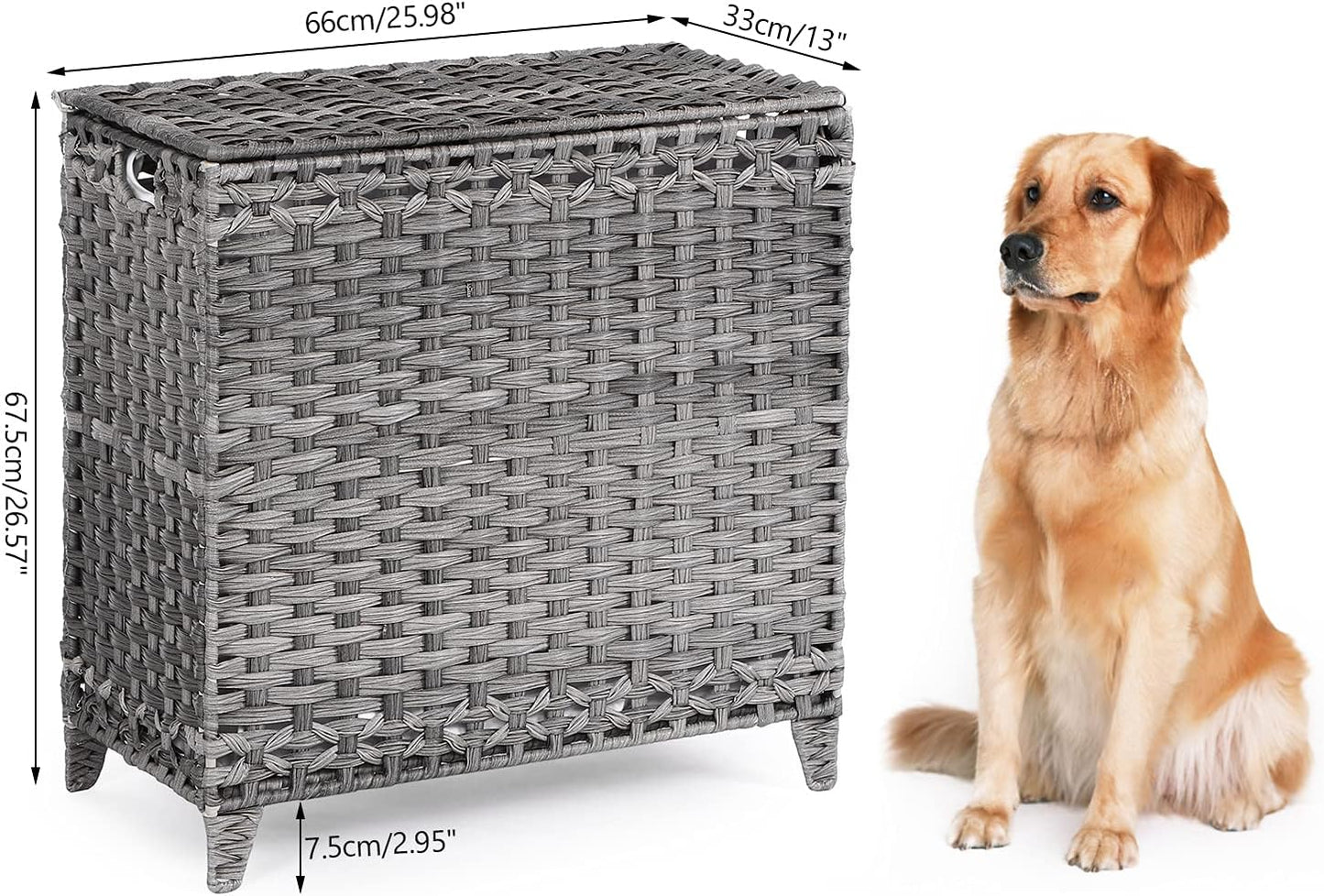 Laundry Hamper with 3 Removable Liner Bags; 132L Handwoven Rattan Laundry Basket with Lid & Heightened Feet; Clothes Hamper with Side Handles; Laundry Sorter with 3 Separate Sections