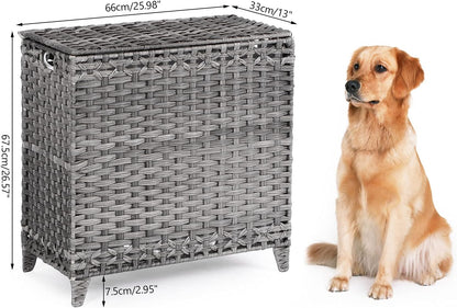 Laundry Hamper with 3 Removable Liner Bags; 132L Handwoven Rattan Laundry Basket with Lid & Heightened Feet; Clothes Hamper with Side Handles; Laundry Sorter with 3 Separate Sections