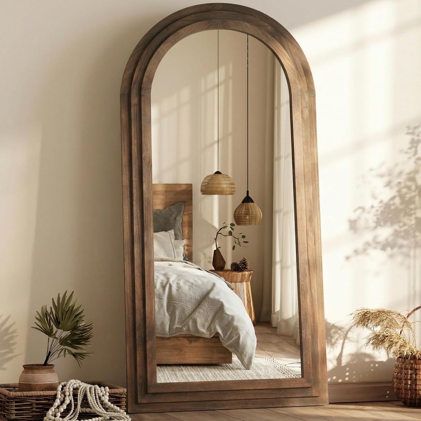 PERFNIQUE Arched Full Length Mirror with Solid Wood Frame, 71"x32" Rustic Farmhouse Wall Mounted Floor Mirror with Stand, Vertical Hanging, Leaning Standing for Bedroom, Living Room & Entryway