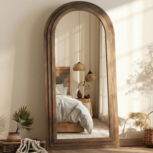 PERFNIQUE Arched Full Length Mirror with Solid Wood Frame, 71"x32" Rustic Farmhouse Wall Mounted Floor Mirror with Stand, Vertical Hanging, Leaning Standing for Bedroom, Living Room & Entryway