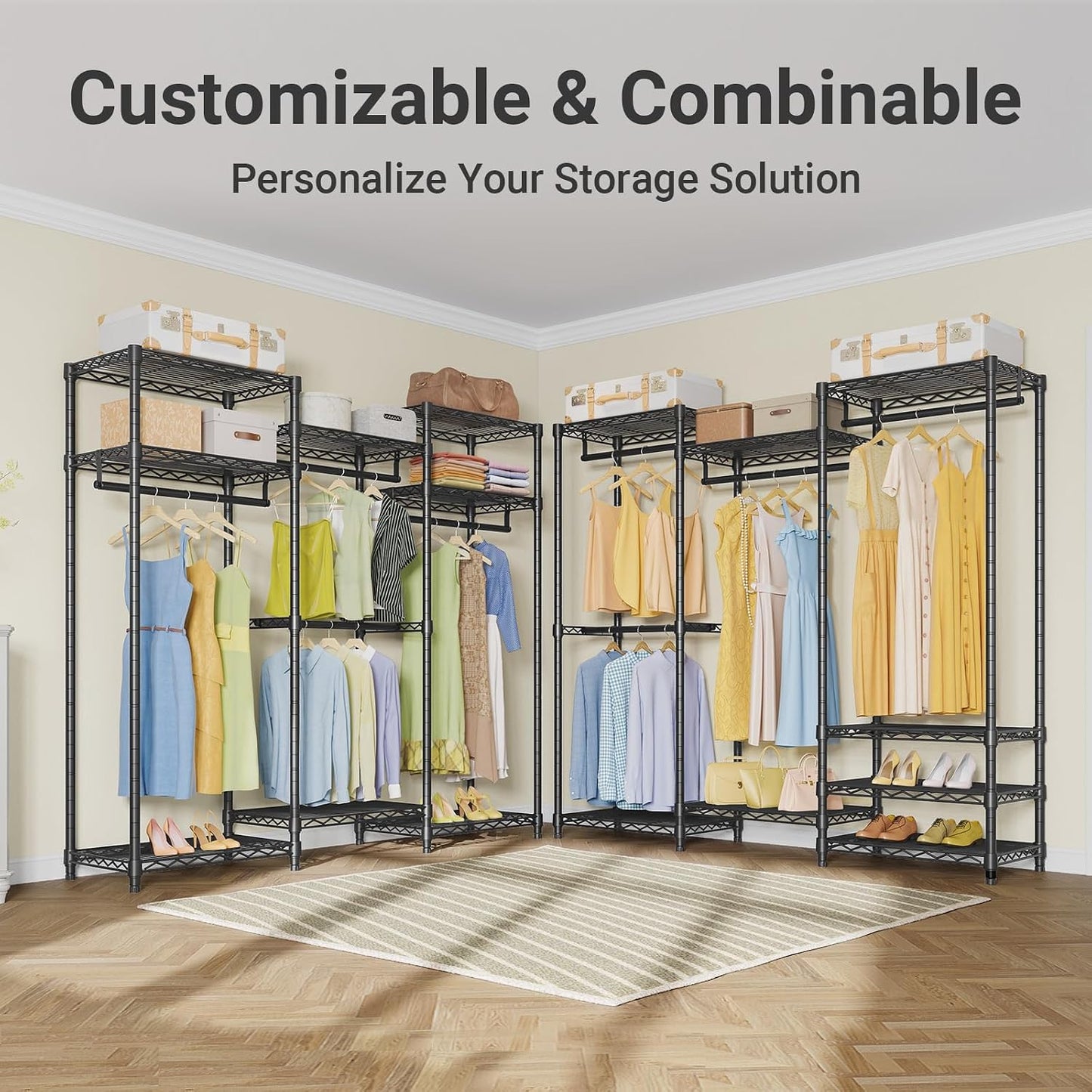 VIPEK V5 Heavy Duty Clothes Rack, Portable Closet Wardrobe with 4 Hanging Rods & 8 Shelves, Freestanding Adjustable Garment Rack for Bedroom, Walk-in Closet, 890 lbs Capacity, Black, 68.9" L