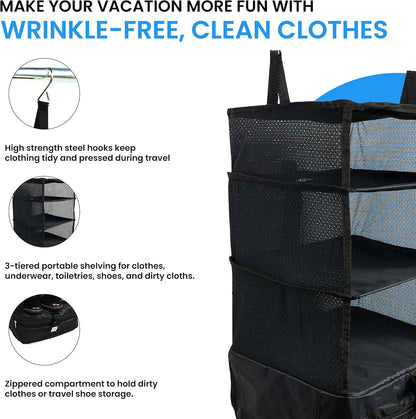 Grand Fusion Stow-N-Go Hanging Travel Shelves, Packing Organizer for Luggage. Carry on Closet for Suitcase. Expandable Packing Cube. Travel Essentials. (Black - L, L = (L) 11.8" x (W) 11.8")