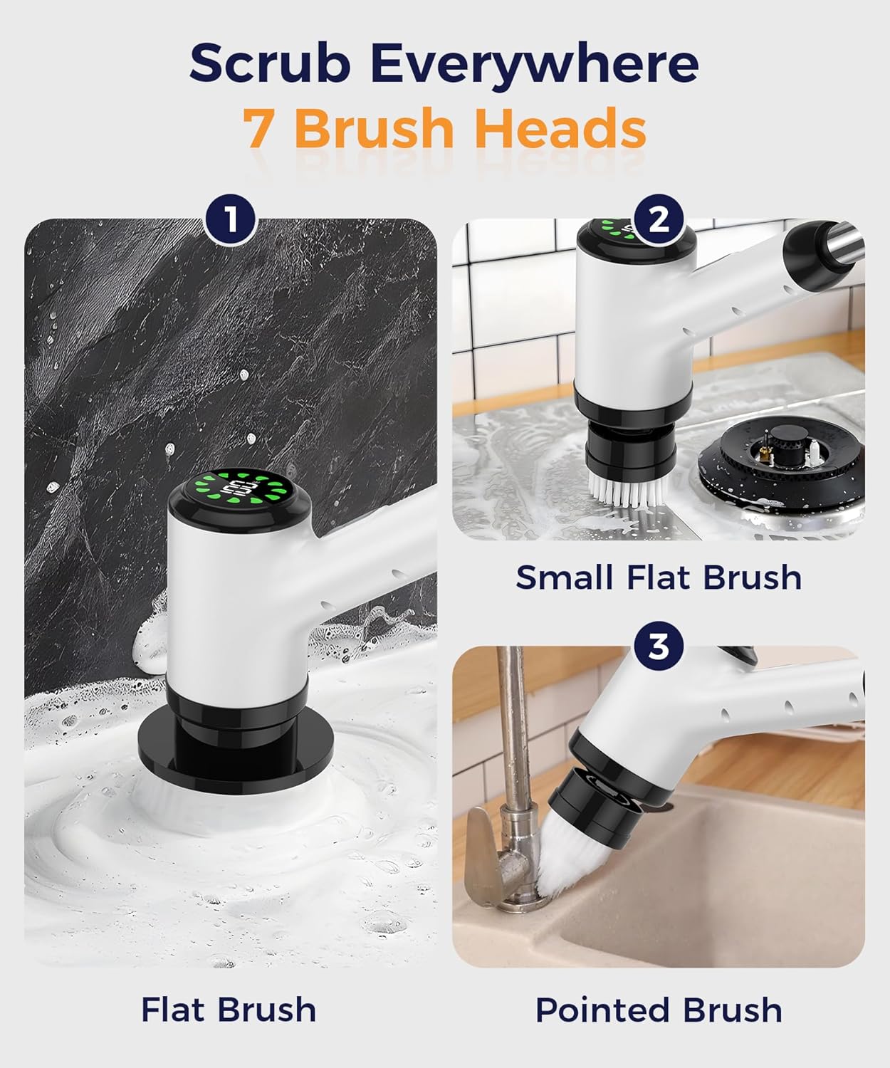 6-in-1 Cordless Electric Spin Scrubber with Long Handle | Power scrubber, bathroom scrubber, 47.2 in long handle, 2 speed scrub brush, IPX7 rated body, kitchen, tile, tub, floor