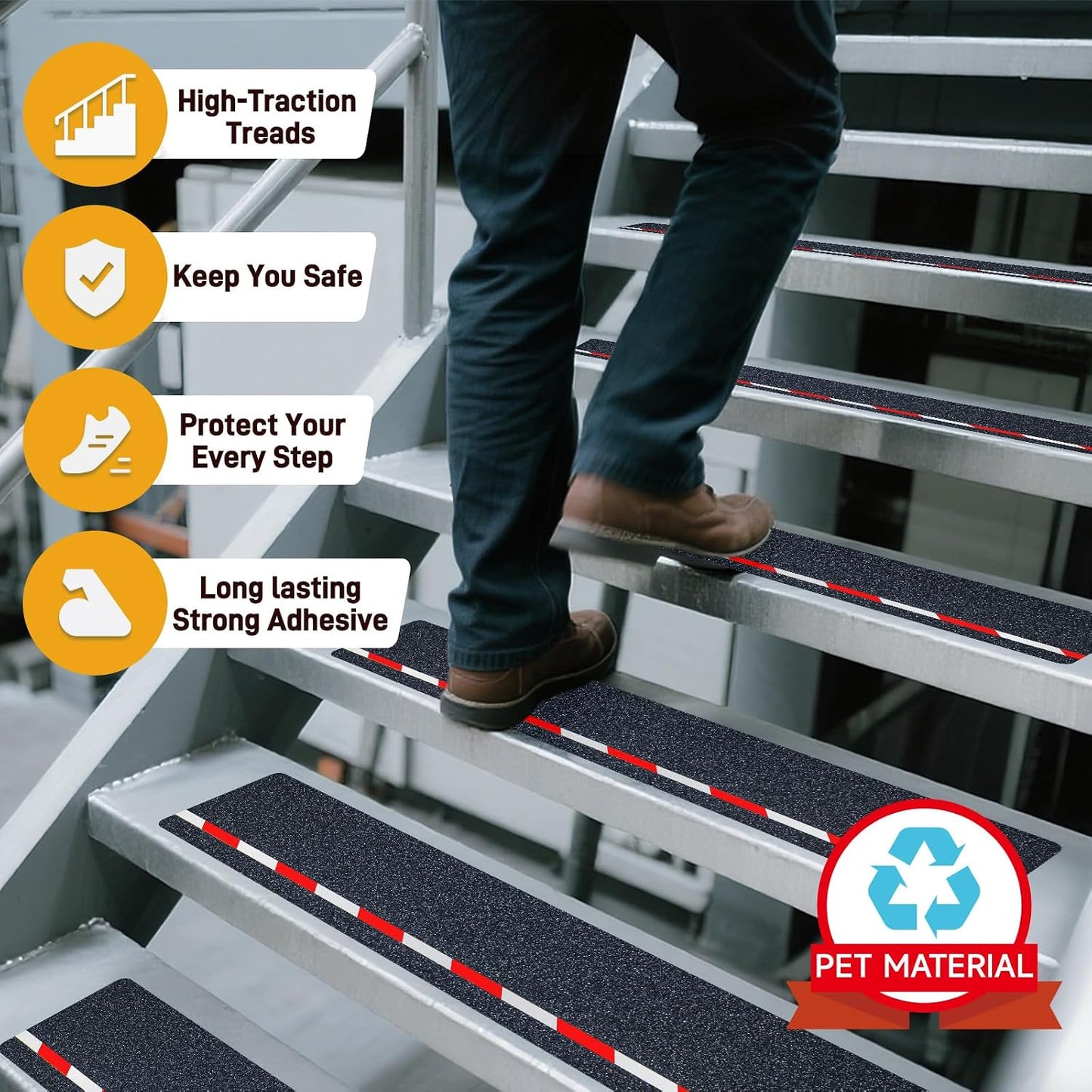 LifeGrip Anti Slip Traction Treads 10 Pack, 6"x32" with Glow in Dark Stripe, Best Grip Tape Grit Non Slip, Outdoor Non Skid Tape, High Traction Friction Abrasive Adhesive for Stairs Step