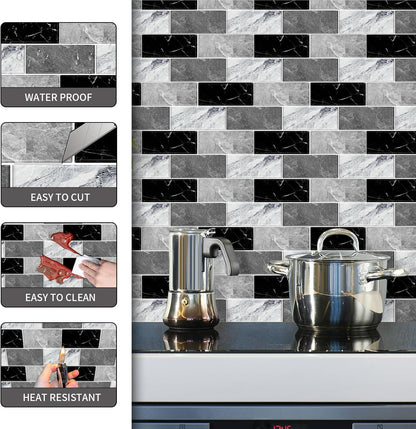 10 Sheets Peel and Stick Backsplash for Kitchen 12"X12" Back Splash Adhesive Subway Wall Tile Flat Vinyl Sticker for Bathroom on Renter Friendly Marble 2-6 (Not 3D Tile)
