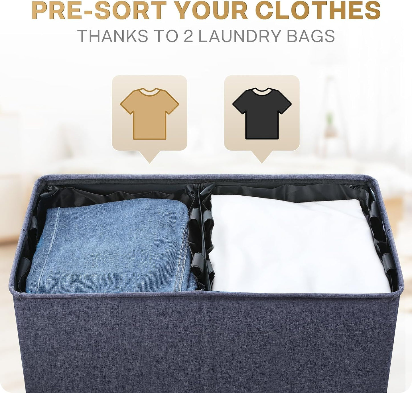 SOLEDI Luxury Double Laundry Hamper with Lid and Removable Bags, 38.3 Gal Large Laundry Bin, Laundry Basket 2 Sections, Collapsible Clothes Hamper for Bedroom, Laundry Room, Bathroom, Off-white