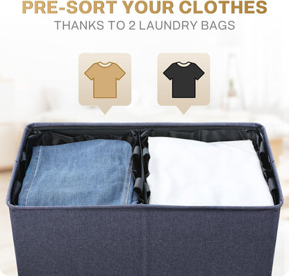 SOLEDI Luxury Double Laundry Hamper with Lid and Removable Bags, 38.3 Gal Large Laundry Bin, Laundry Basket 2 Sections, Collapsible Clothes Hamper for Bedroom, Laundry Room, Bathroom, Off-white
