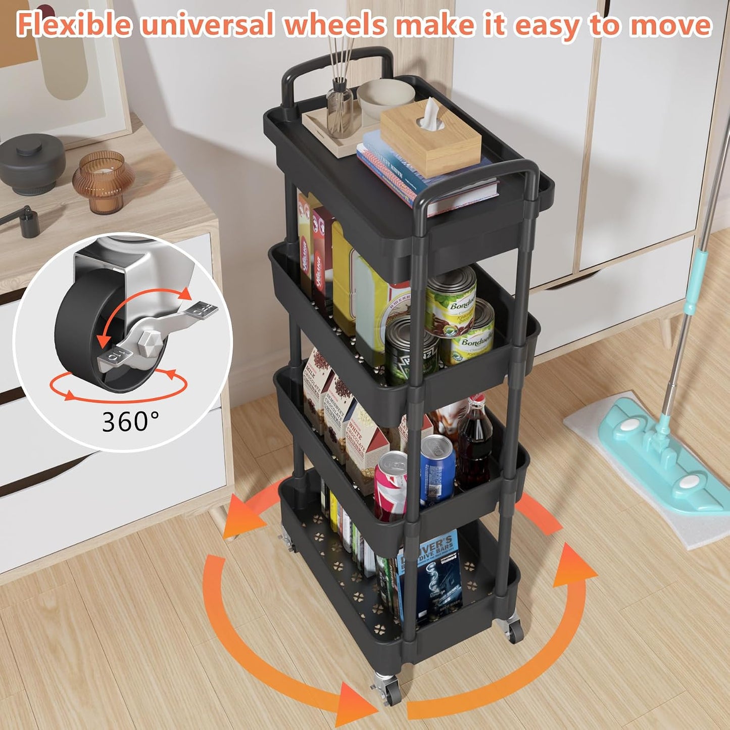 Calmootey 3-Tier Rolling Utility Cart with Drawer,Multifunctional Storage Organizer with Plastic Shelf & Metal Wheels,Storage Cart for Kitchen,Bathroom,Living Room,Office,White