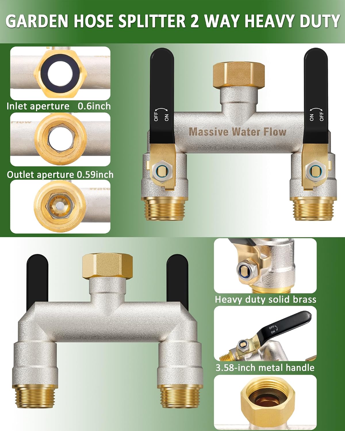 Hose Splitter 2 Way Heavy Duty, Garden Hose Splitter with 304 Stainless Steel Long Handle, Full Flow Brass Nickel Plated Water Hose T Spigot Splitter Adapter Connector, 3/4 - Inch GHT Thread (Blue)