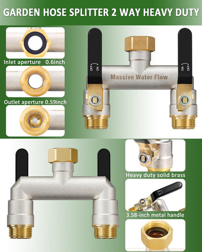 Hose Splitter 2 Way Heavy Duty, Garden Hose Splitter with 304 Stainless Steel Long Handle, Full Flow Brass Nickel Plated Water Hose T Spigot Splitter Adapter Connector, 3/4 - Inch GHT Thread (Blue)