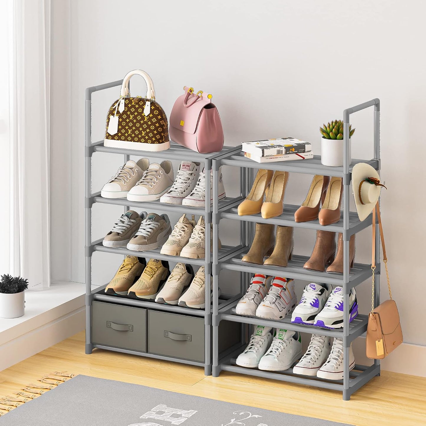 OYREL Tall Shoe Rack Narrow 10 Tier Shoes Rack 20 25 Pairs, Shoe Storage Organizer for Closet, Sturdy Metal Shoe Shelf Shoe Stand with 2 Boxes 1 Hook