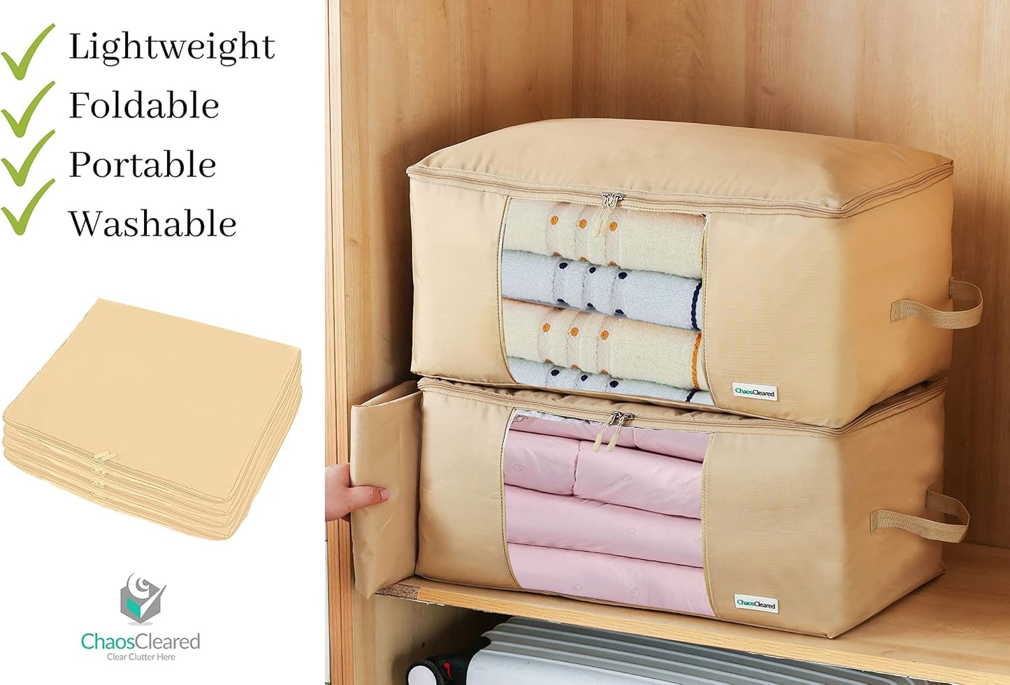 Comforter Storage Bag - Folding Organizer bag for King/Queen Comforters, Pillows, Blankets, Bedding/Quilt, Blanket, Duvet, Large Collapsible Organizers, 24"x14"x11" (Beige, 1-Pack)