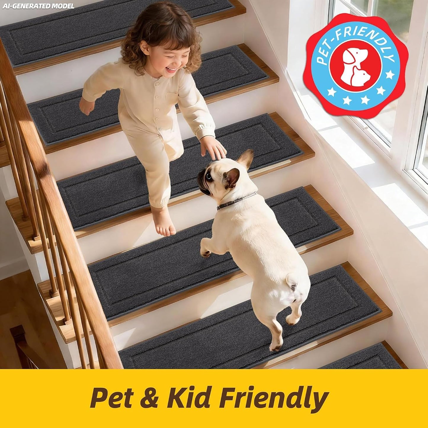JSEI Stair Treads for Wooden Steps Indoor, 15-Pack Non Slip Stair Treads 30" x 8", Washable Polyester Stair Mats with TPE Backing, Low Profile Stair Rugs for Kids, Seniors and Dogs, Brown
