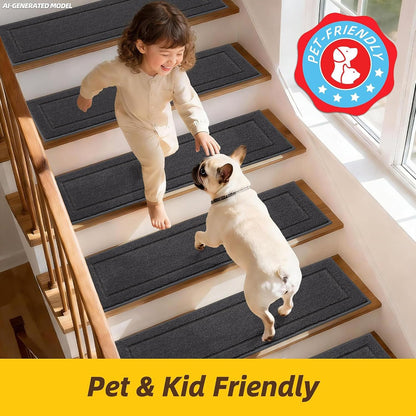 JSEI Stair Treads for Wooden Steps Indoor, 15-Pack Non Slip Stair Treads 30" x 8", Washable Polyester Stair Mats with TPE Backing, Low Profile Stair Rugs for Kids, Seniors and Dogs, Brown