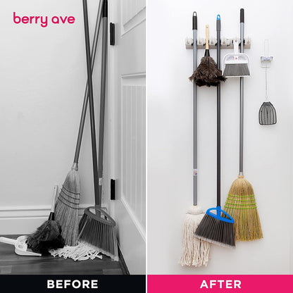 Broom Holder Wall Mount, Mop and Broom Organizer – Wall Mounted Broom Rack & Mop Rack, Rack for Brooms and Mops | Broom Hanger Wall Mount with 5 Slots & 6 Hooks, Kitchen Garage Laundry Garden