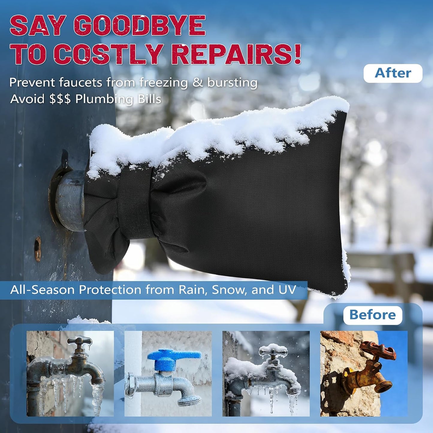 Outdoor Faucet Covers for Winter,7.28" W x 10.35" H Faucet Covers with 420D Waterproof Oxford Fabric, Reflective Strips (Black, 2 Pcs)