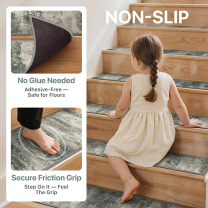 sarben Non Slip Stair Treads for Wooden Steps 15PCS - 8"x30" Indoor Safety Carpet, Edging Mats with TPE Adhesive Backing, Pet and Elderly Friendly Stair Rugs (Taupe) - Colors B