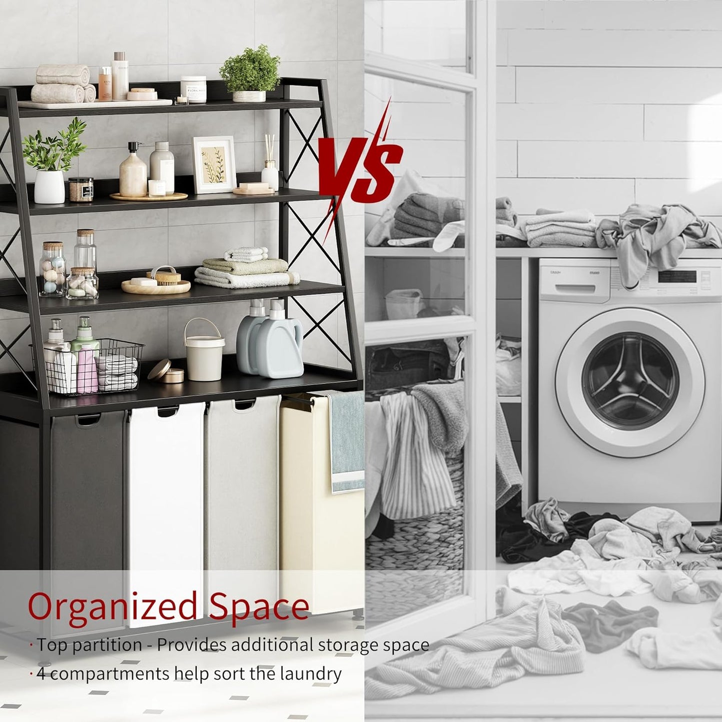 Herture Laundry Basket, 3 Section Laundry Hamper with 4 Tiers Shelf, Pull-Out and Removable Laundry Bags, Large 3 x 15.87 Gallons, for Laundry Room Bathroom Rustic Brown PF05XLN