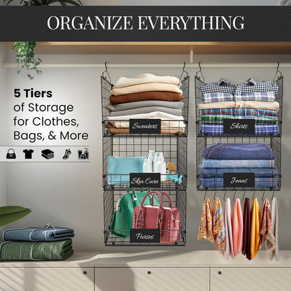 DECOLURE 5-Tier Adjustable Hanging Closet Organizer – Maximize Hanging Storage w/ 4 Hanging Hooks, 8 S Hooks & 5 Name Plates - Sturdy Foldable Wire Storage Hanging Shelves for Clothes, Towels (White)