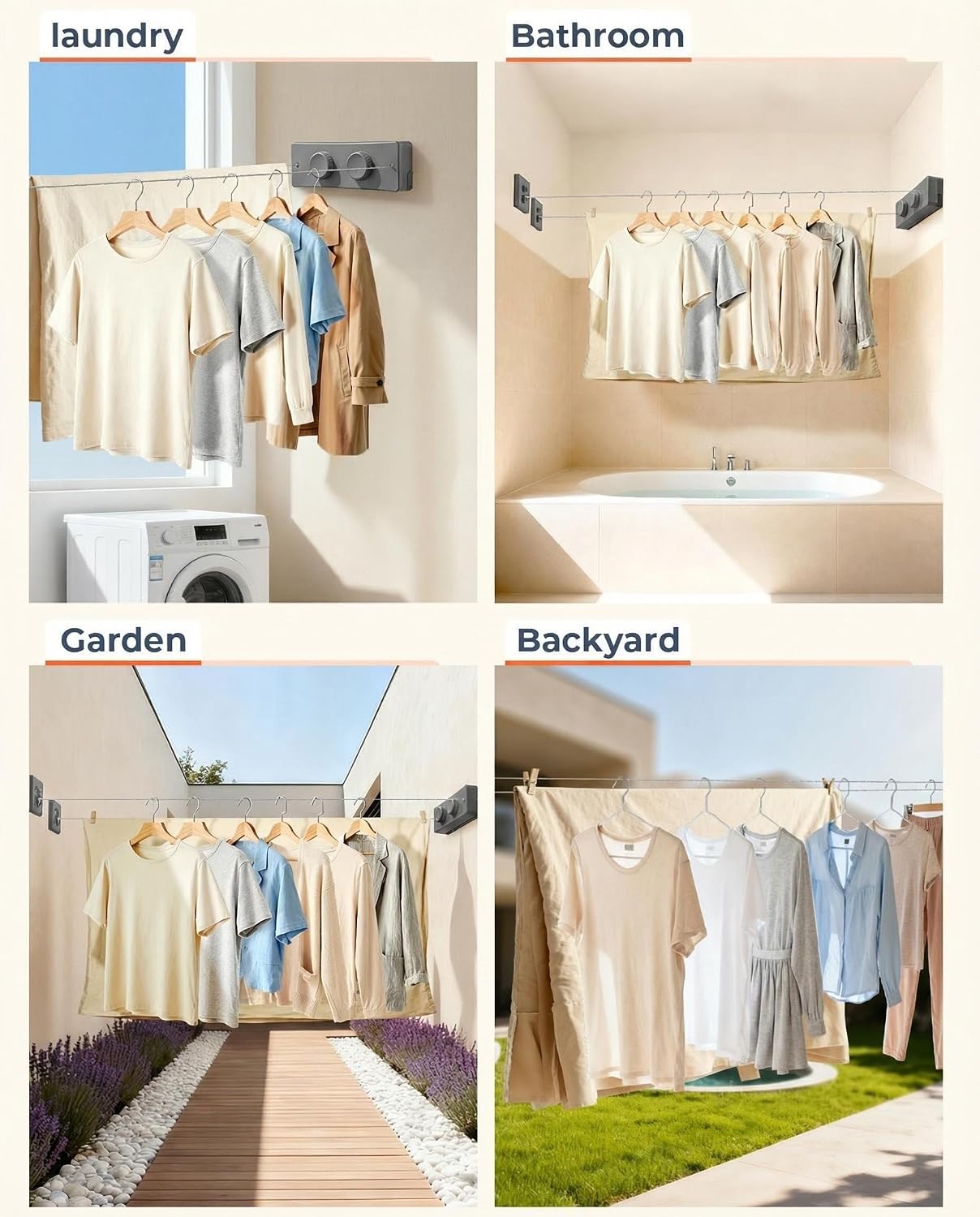 Retractable Clothesline 16.7 ft – Heavy-Duty 44 lb, Rust-Proof Stainless Steel, Wall-Mounted Indoor/Outdoor Laundry Line, Easy Install for Bathroom, Balcony & Apartment (White, Single Line)