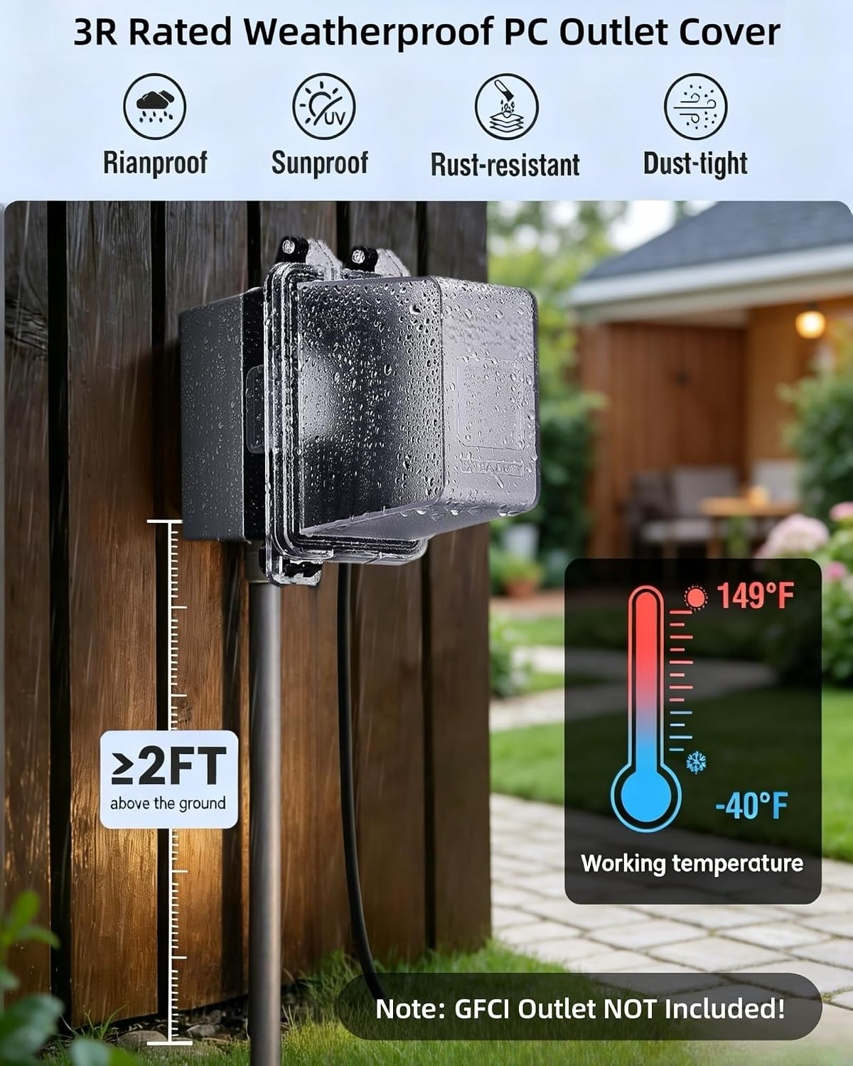 Extra-Deep 1-Gang Weatherproof Exterior Outlet Cover,Outdoor Receptacle Cover, NEMA 3R, Horizontal/Vertical Mount, Compatible with GFCI, Duplex Outlets & Switches, Black, 1-Pack