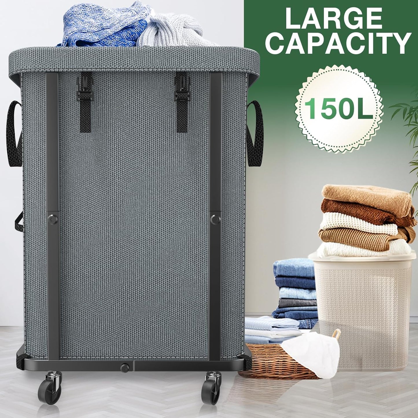 60 Gal(230L) Laundry Basket with Lid, Rolling Laundry Hamper with Wheels, Dirty Clothes Hamper with Metal Frame and Removable Bag Design, Suitable for Laundry Room, Bedroom (Black, 3 Section 230L)
