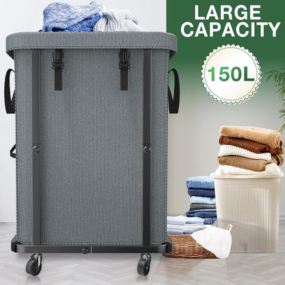 60 Gal(230L) Laundry Basket with Lid, Rolling Laundry Hamper with Wheels, Dirty Clothes Hamper with Metal Frame and Removable Bag Design, Suitable for Laundry Room, Bedroom (Black, 3 Section 230L)