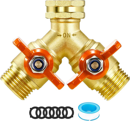 IPOW Upgrade Full Flow Garden Hose Splitter with Stainless Steel Handle, Brass Heavy Duty 2 Way Y Valve Garden Hose Splitter High Flow Spigot Splitter + 6 Rubber Hose Washers with Comfort Grip Use