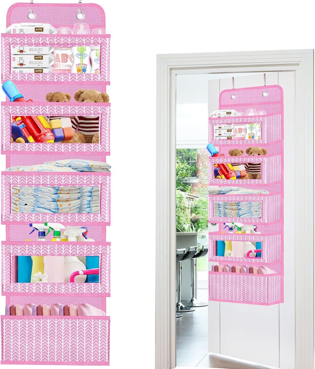 Over The Door Hanging Organizer Storage with 5 Large Pockets,Wall Mount Clear Windows and 2 Widened Metal Hooks for Pantry,Nursery,Diapers,Bathroom,Kitchen,Closet,Dorm