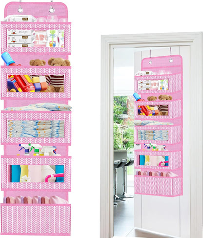 Over The Door Hanging Organizer Storage with 5 Large Pockets,Wall Mount Clear Windows and 2 Widened Metal Hooks for Pantry,Nursery,Diapers,Bathroom,Kitchen,Closet,Dorm