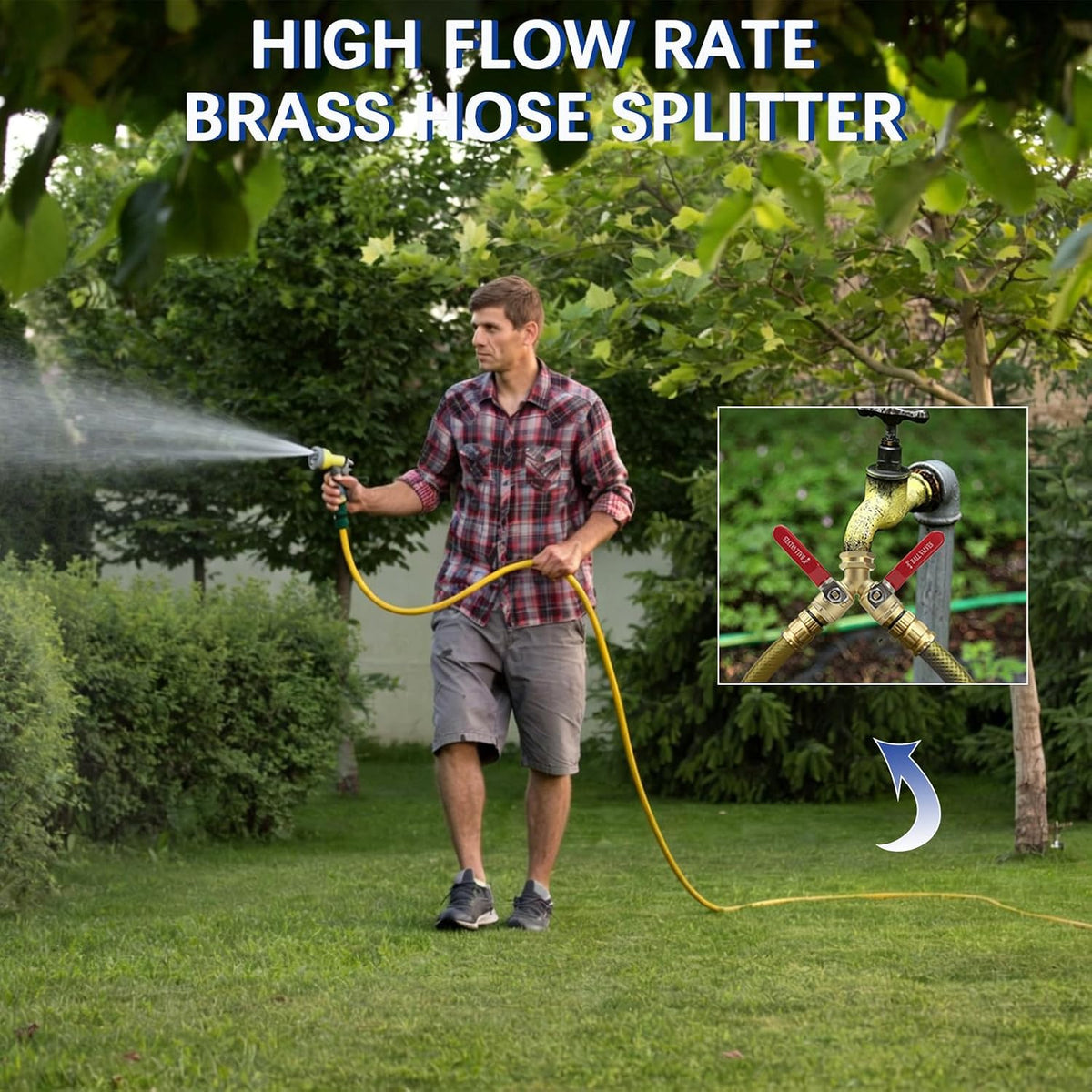 Hose Splitter 2 Way Heavy Duty, Full Flow Garden Hose Splitter with Large Easy-Turn Handle, 3/4 Inch GHT Brass Water Hose Splitter for Outdoor Faucet, Y Valve Hose Bib Splitter