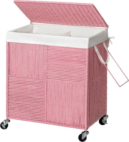 WOWLIVE Double Laundry Hamper with Lid, Handwoven Rolling Laundry Basket with Wheels, 115L Dirty Clothes Hamper with Removable Liner Bag Large Capacity Laundry Sorter Laundry Room Organization,Natural