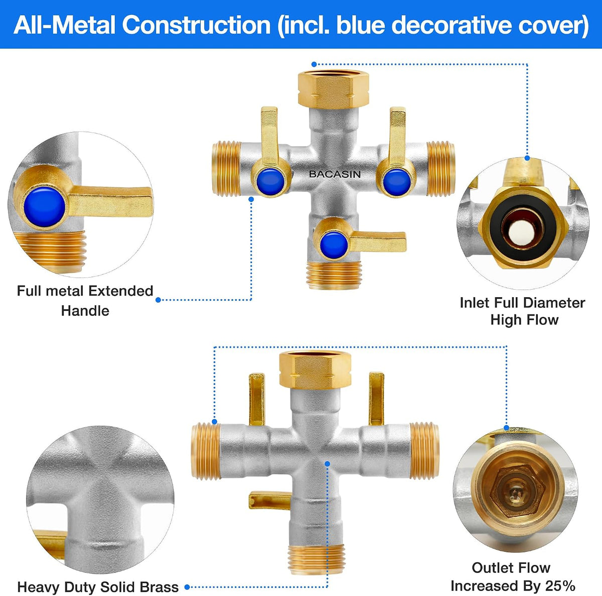 Brass Garden Hose Splitter, Hose y Splitter with Shutoff, Hose Splitter 2 Way Heavy Duty, Brass Y-Valve Water Garden Hose Adapter 2-Way Y-Valve 3/4" GHT Threads