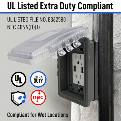 Sealproof 1-Gang Extra Deep Weatherproof in Use Outdoor Duplex Outlet Cover with Box Kit, Lockable, UL Extra Duty Compliant, 18 Configurations