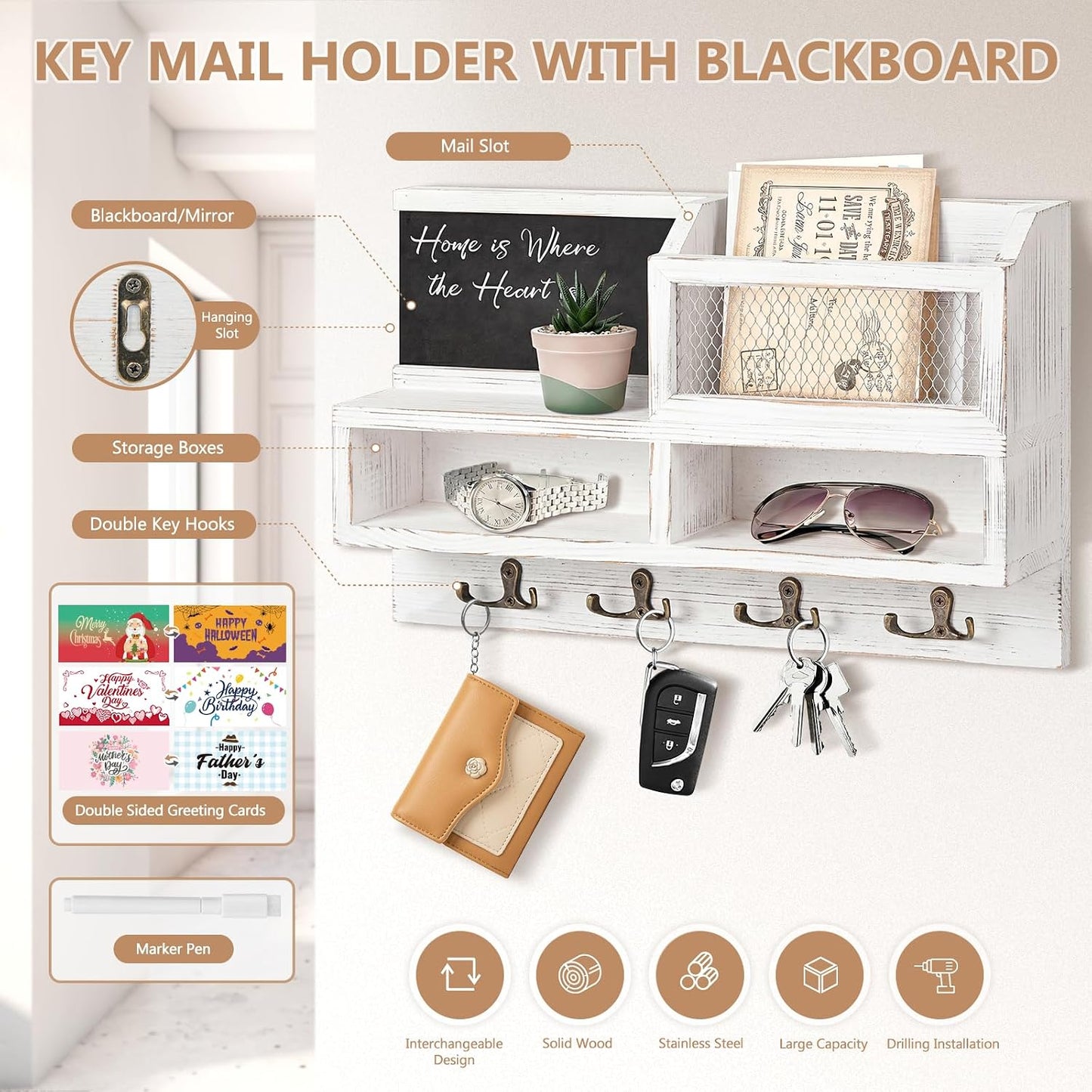 Key Holder Wall Mount, Wooden Mail and Key Organizer with Chalkboard and Mirror, 3 Greeting Cards, 8 Hooks, Brown