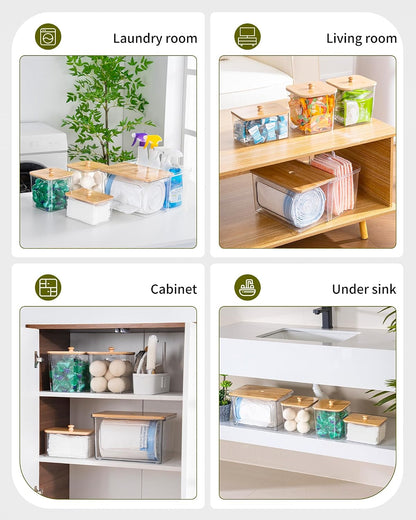iCASA Trash Bag and Dishwasher Pod Dispenser - 3 in 1 Clear Storage Bins Holder for 13/30/33 Gallon Garbage Bags, Laundry Detergent Pods & Tabs, Under Sink Organizer for Kitchen and Laundry Room