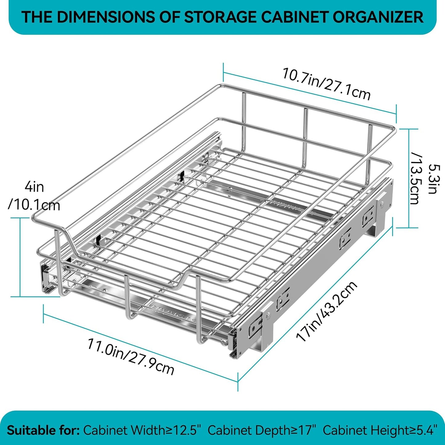2 Tier Pull Out Cabinet Organizer 11" W X 22" D, Slide Out Drawers For Kitchen Cabinets, Pull Out Drawers For Cabinets Capacity Heavy Duty Caddy, Cabinet Pullout Shelves Chrome-Plated, Bathroom Pantry