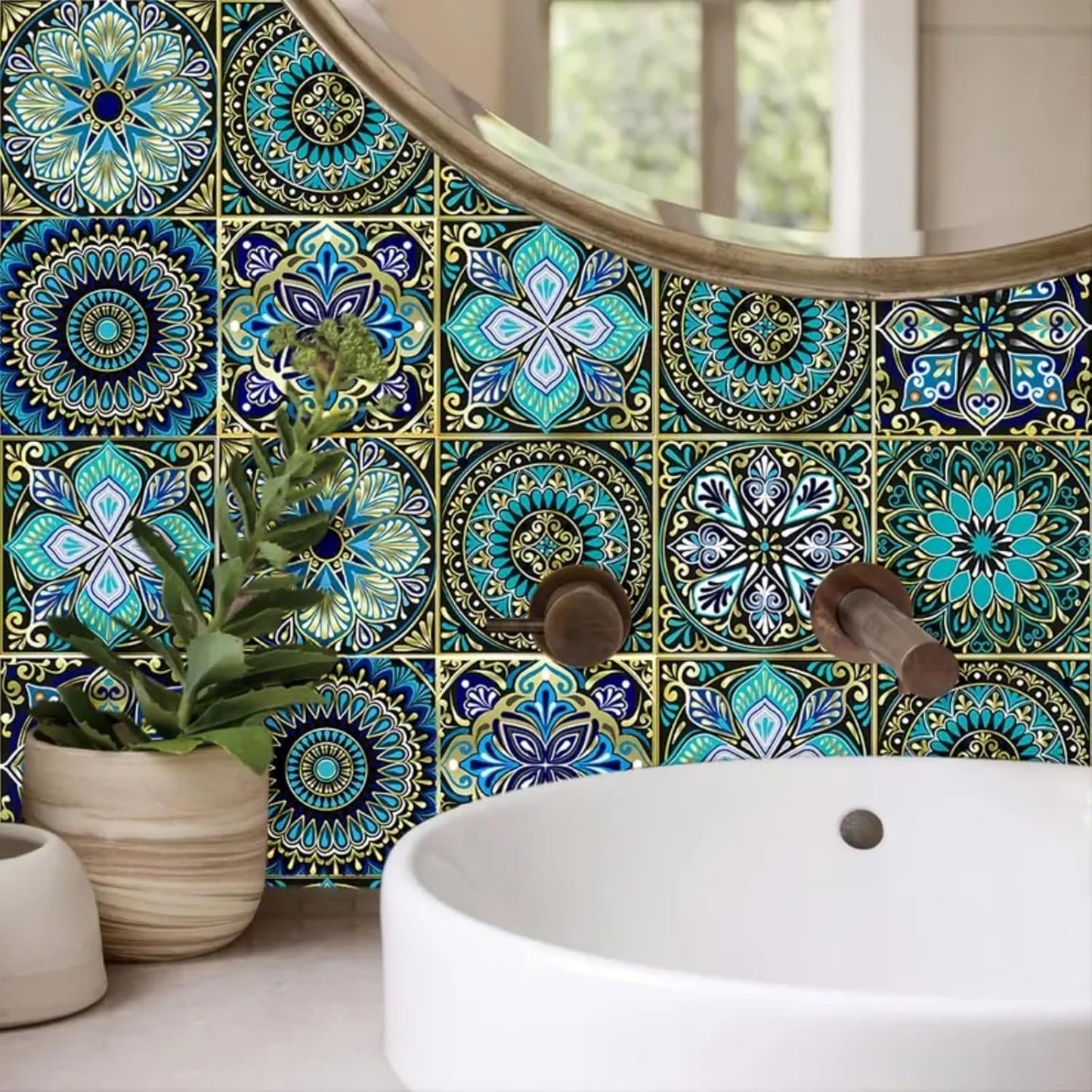 10PCS Peel and Stick Tile Backsplash Stickers, 4"x4" DIY Backsplash Mandala Style Stickers for Kitchen & Bathroom, Self-Adhesive Removable Waterproof Tile Decals for Home Decor