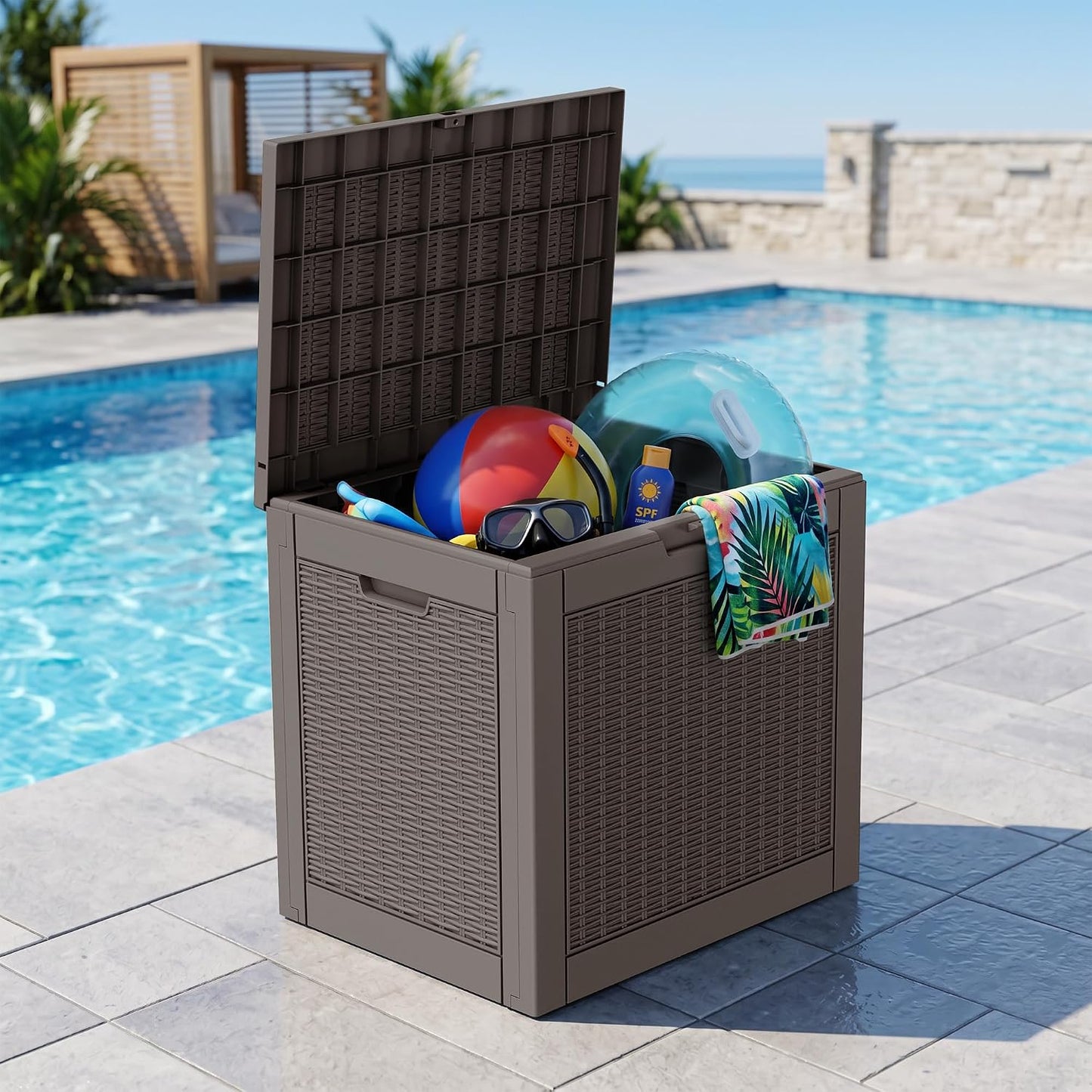 35 Gallon Outdoor Storage Box, Waterproof Resin Deck Box with Lockable Lid – Storage Cabinet for Patio Furniture, Pool Supplies, Garden Tools – Indoor & Outdoor Use