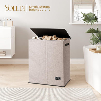 SOLEDI Luxury Double Laundry Hamper with Lid and Removable Bags, 38.3 Gal Large Laundry Bin, Laundry Basket 2 Sections, Collapsible Clothes Hamper for Bedroom, Laundry Room, Bathroom, Off-white
