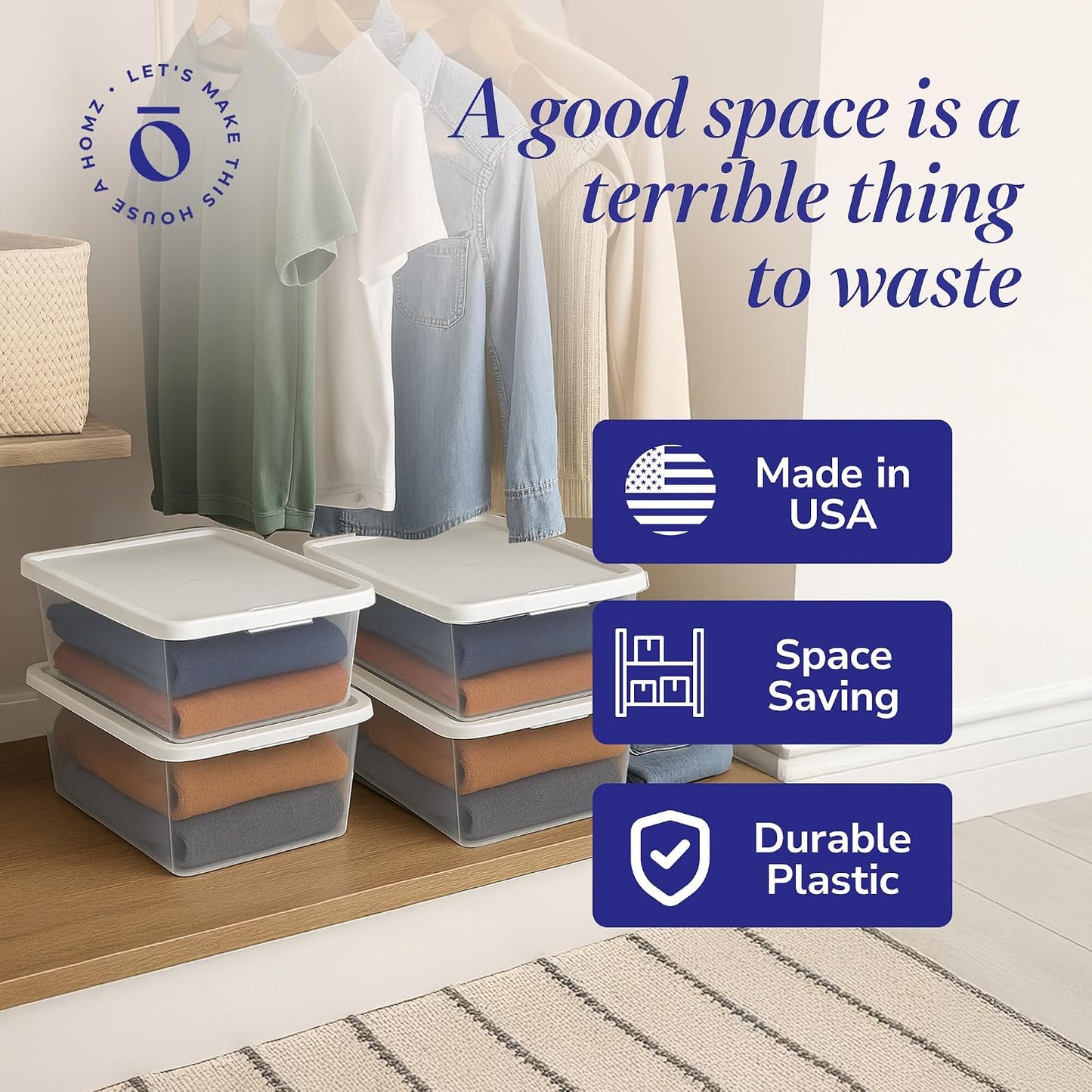 HOMZ 2-Pack Snaplock, Small Clear Plastic Storage Organizer Bins w/ Lids, 28 Quart, Gray - Stackable Container Boxes for Bedroom, Bathroom, Garage, and Office Organization