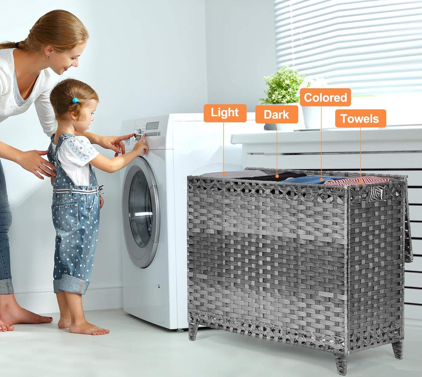 Laundry Hamper with 3 Removable Liner Bags; 132L Handwoven Rattan Laundry Basket with Lid & Heightened Feet; Clothes Hamper with Side Handles; Laundry Sorter with 3 Separate Sections